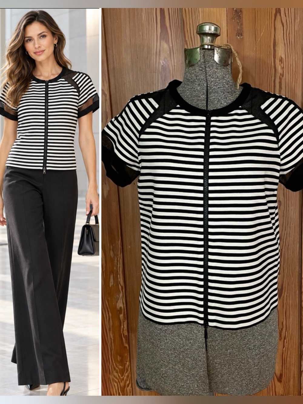Lafayette 148 New York Striped Mesh Shoulder 2-Way Zip Top Black White S💛🎀